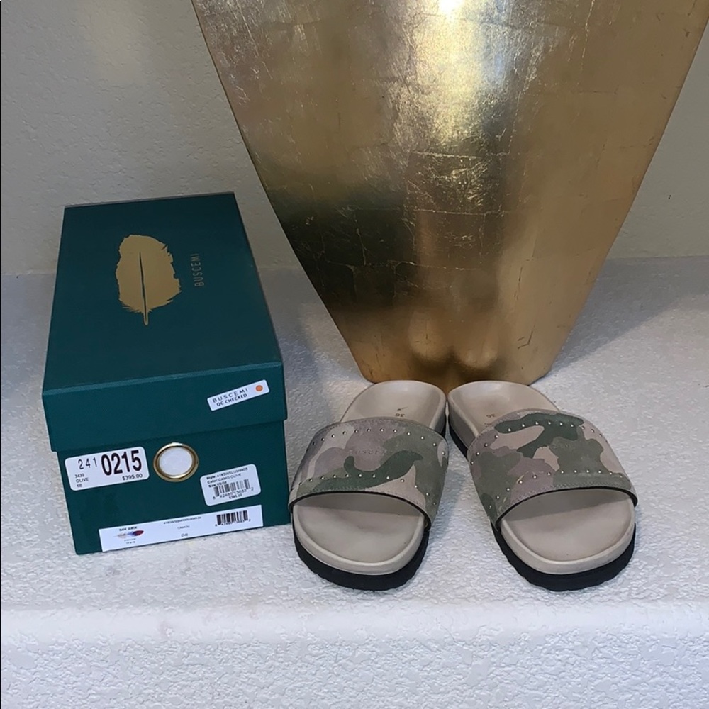 Buscemi Camo Olive Suede Slides - Picture 1 of 4